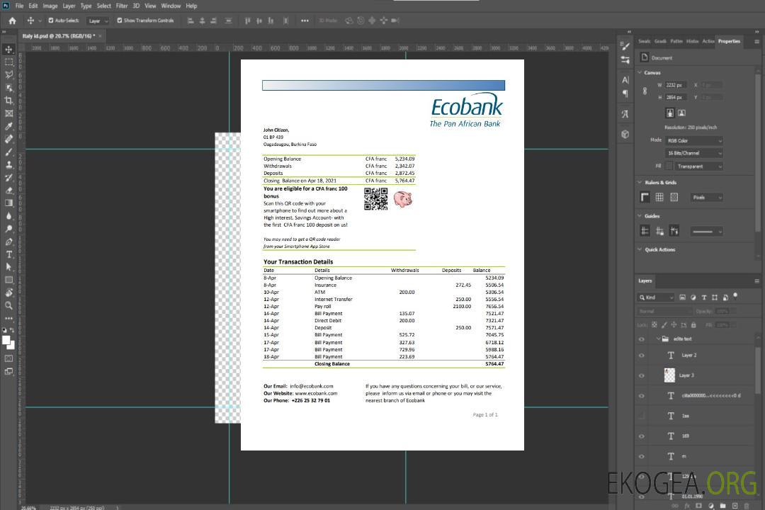 Modèle de relevé bancaire Ecobank du Burkina Faso facile à remplir au format Excel et PDF template